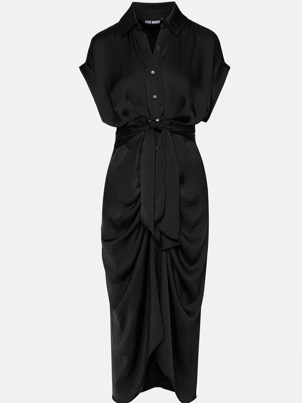 NWT Steve Madden Tori Black Satin Ruched Tie Waist Midi Dress Size 6